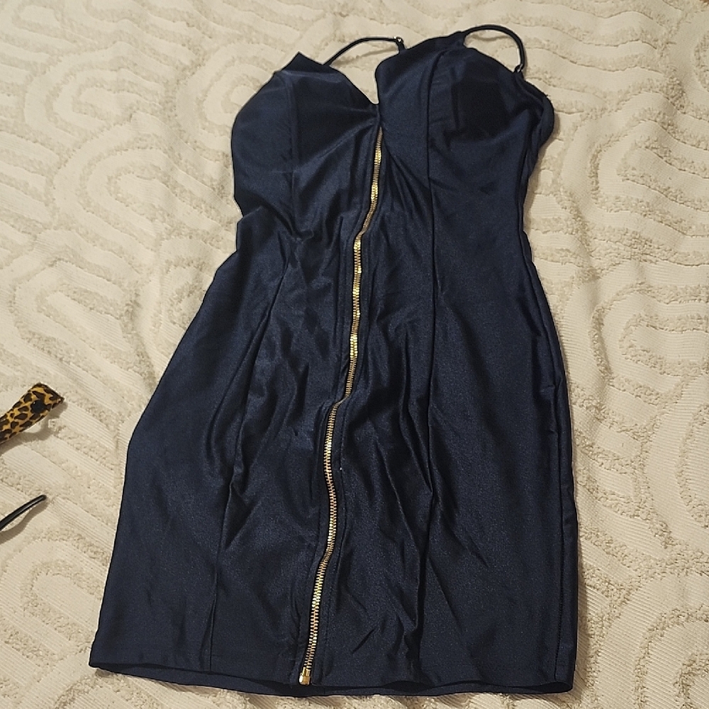 Iris Blue Bodycon Dress with Gold Zipper